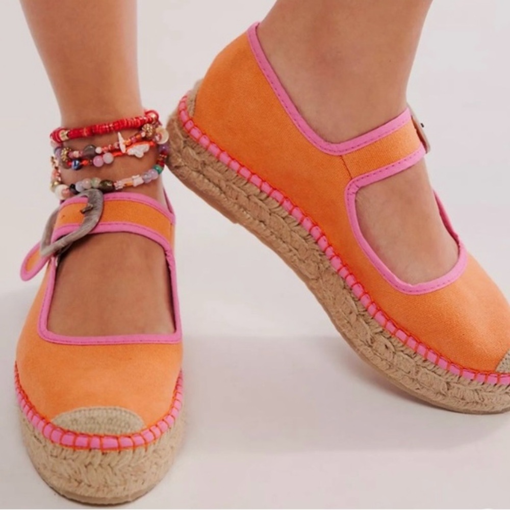 Free People Surfside Mary Jane Espadrilles Orange/Pink Flats Womens Size 37/7
